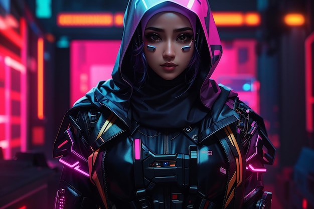 Cyberpunk-Mädchen-Hijab-Jacke mit neonfarbenem Hintergrund