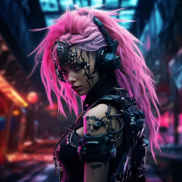 Cyberpunk-Mädchen mit rosa Haaren und Kopfhörern