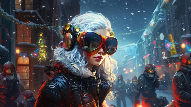 Cyberpunk-Mädchen mit Sonnenbrille steht auf der Straße mit Weihnachtsbeleuchtung in einer futuristischen Stadt