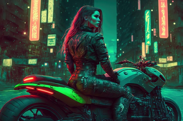 Cyberpunk-Mädchen sitzen auf dem Motorrad