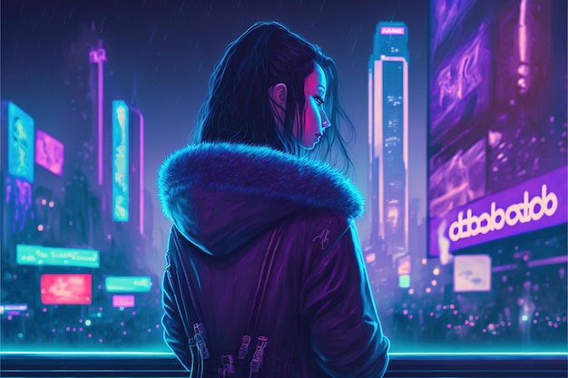 Cyberpunk-Mädchen Weiblicher Cyberpunk-Charakter, der die Nachtstadt betrachtet Junges Mädchen, das steht und sich die Cyberpunk-Stadt ansieht Illustrationsmalerei im digitalen Kunststil