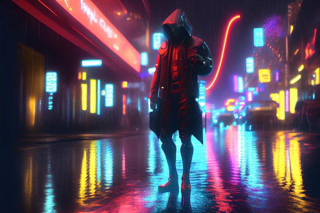Cyberpunk-Mann auf der Straße der Metropole in Neonlichtern Generative KI