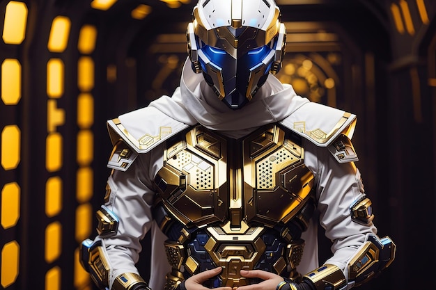 Cyberpunk-Mann, männlicher Futuretech-Anzug aus Weißgold