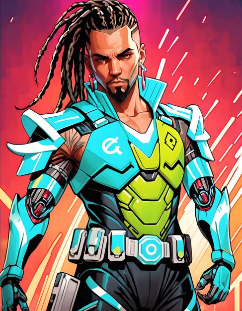 Cyberpunk-Mann mit Dreadlocks mit einem cybernetischen Arm, Cyberpunk-Gangmitglied