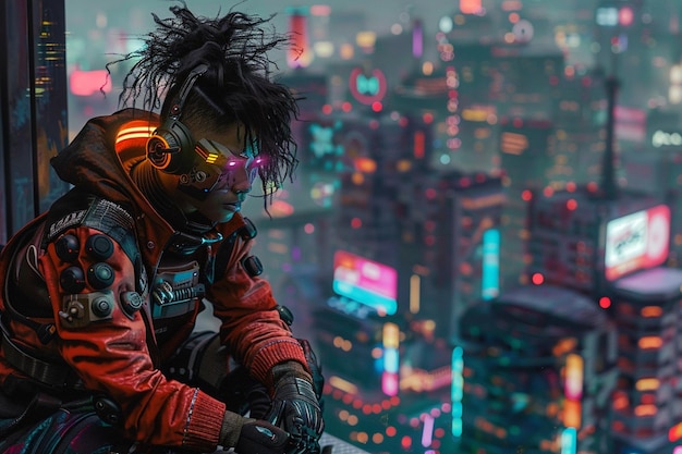 Cyberpunk-Metropole mit einer Mischung aus Mensch und Andro