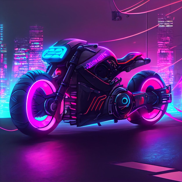 Cyberpunk-Motorrad oder Motorrad auf der Straße mit Neonlichtern