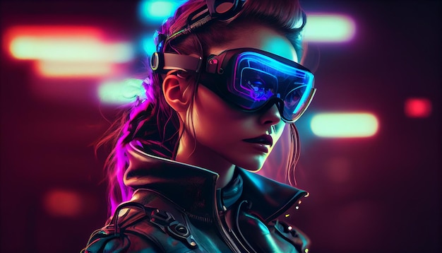 Cyberpunk Mujer con casco VR neón cyberpunk