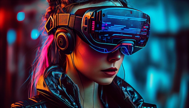 Cyberpunk Mujer con casco VR neón cyberpunk