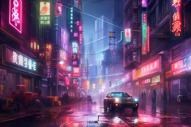 Cyberpunk-Nachtstadt Dystopische futuristische Cyberpunk-Stadt bei Nacht im Neondunst Generative KI