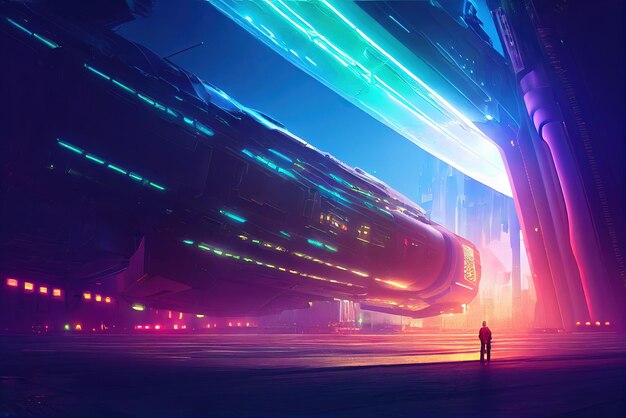 Cyberpunk Nave espacial futurista Logística del futuro tecnologías modernas