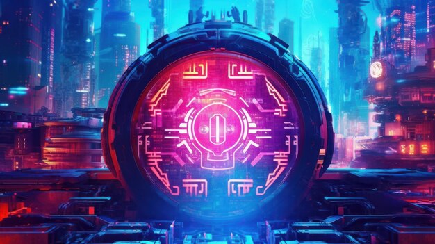 Cyberpunk-Neon-Hintergrund mit HiTech-Symbolen, die von KI generiert wurden