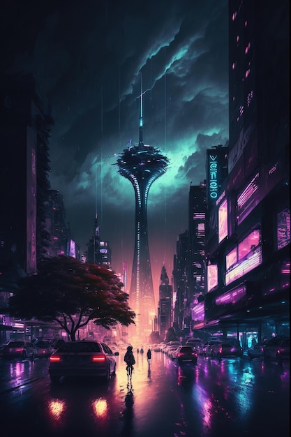 Cyberpunk-Neonstadt bei Nacht, futuristische Gebäude und Fernsehturm