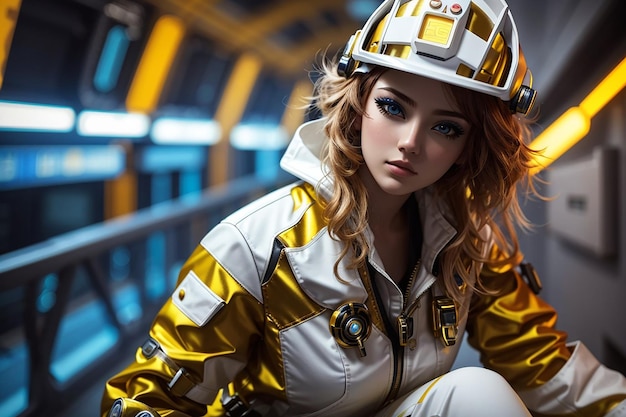 cyberpunk niña mujer mujer blanco oro traje futuro tecnología