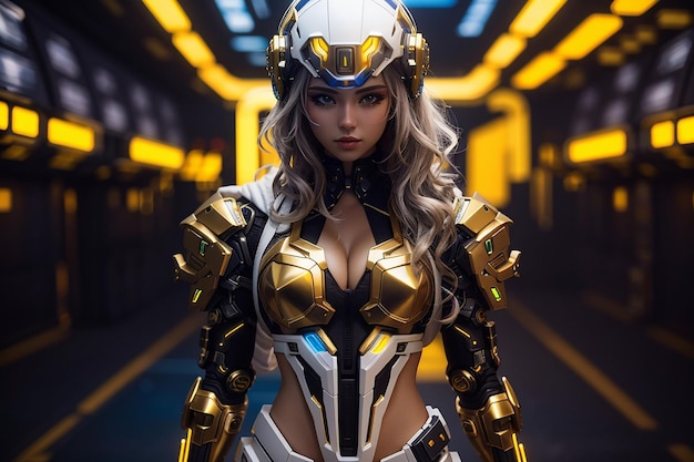 cyberpunk niña mujer mujer blanco oro traje futuro tecnología