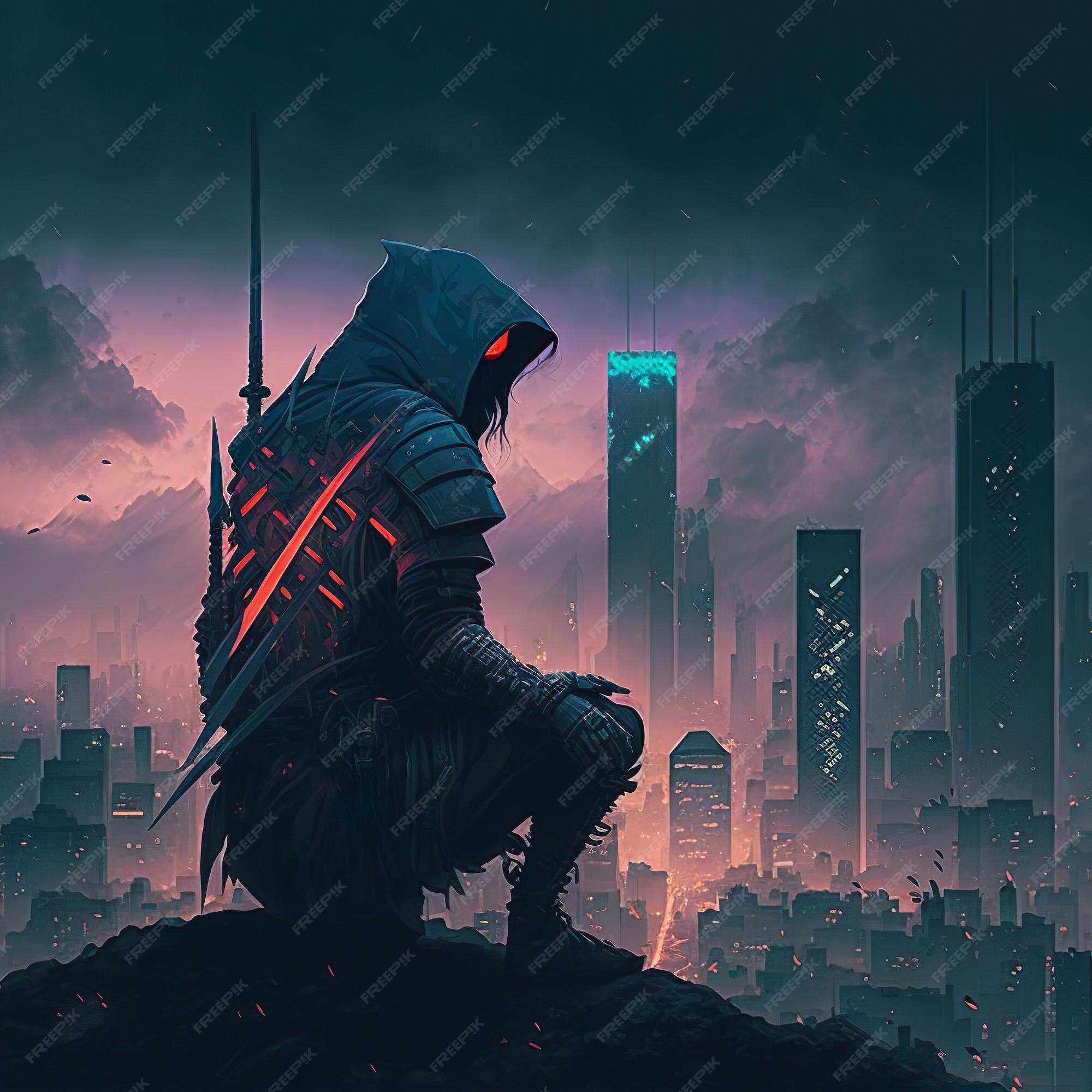 Ilustração de homem ninja cyberpunk