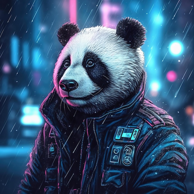 Cyberpunk-Pandabär in der Nacht