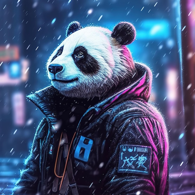 Cyberpunk-Pandabär in der Nacht