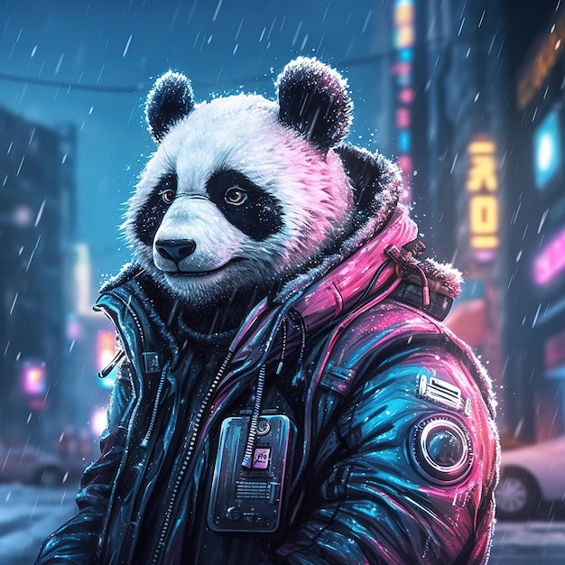 Cyberpunk-Pandabär in der Nacht
