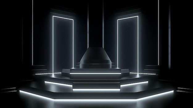 Cyberpunk Podium com luzes neon e elementos futuristas em uma cena espacial gerada por IA