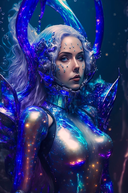 Cyberpunk-Porträt einer Frau mit blauen Haaren