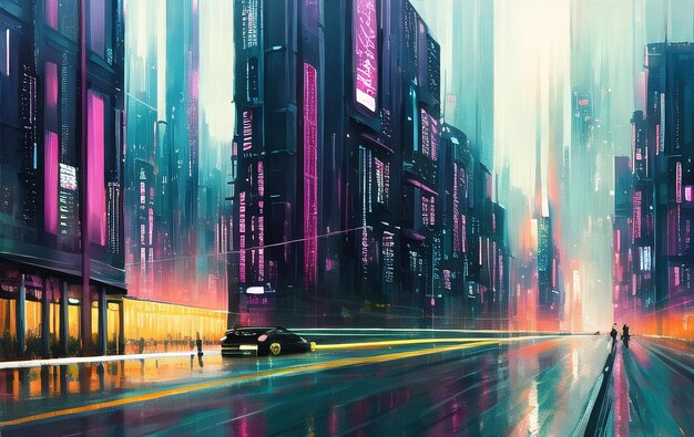 Cyberpunk-Poster 80er-Jahre-Stil Retro-Stil Neon futuristische Landschaft Nachtstadt ai generiert