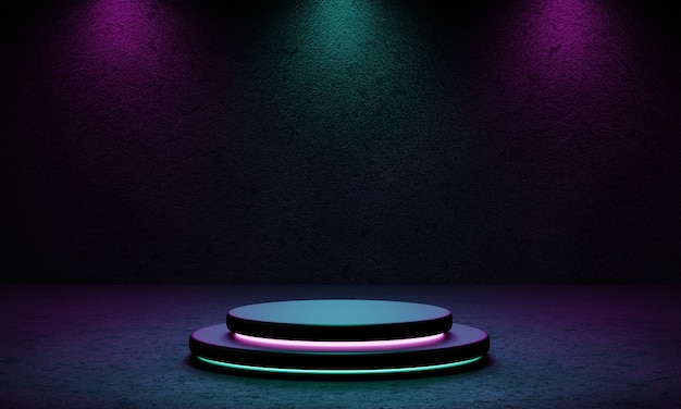 Cyberpunk-Produkt-Podium-Plattform-Studio mit blauem und violettem Scheinwerfer und strukturiertem Hintergrund im Grunge-Stil.