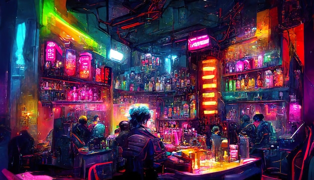 Cyberpunk pub bar arte conceptual pintura digital