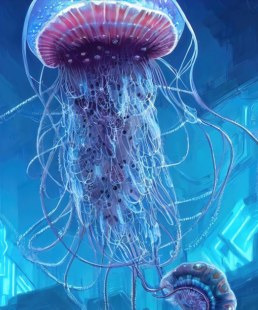 Cyberpunk-Quallen im Meer Röhren und mechanische Teile von Quallententakeln 3D-Illustration
