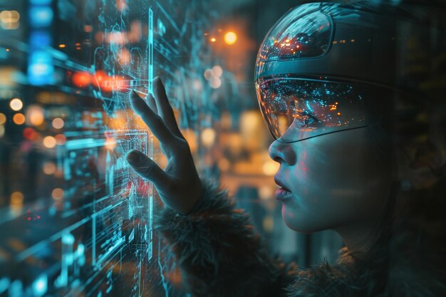 Cyberpunk-Realität Frau, die sich mit der digitalen Welt auseinandersetzt
