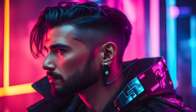 Cyberpunk retrato de homem bonito estilo neon futurista