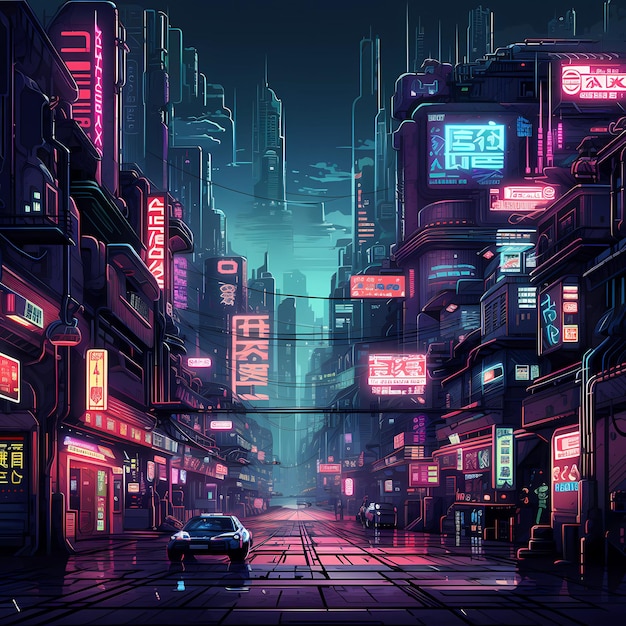 Cyberpunk-Retro-futuristische Stadt mit Neonlichtern