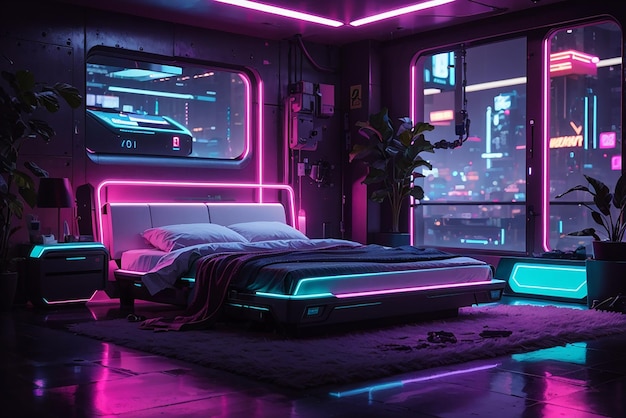 Cyberpunk Reverie projeta um quarto futurista com iluminação neon em uma paisagem urbana distópica