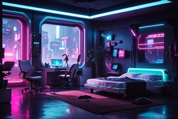 Cyberpunk Reverie projeta um quarto futurista com iluminação neon em uma paisagem urbana distópica