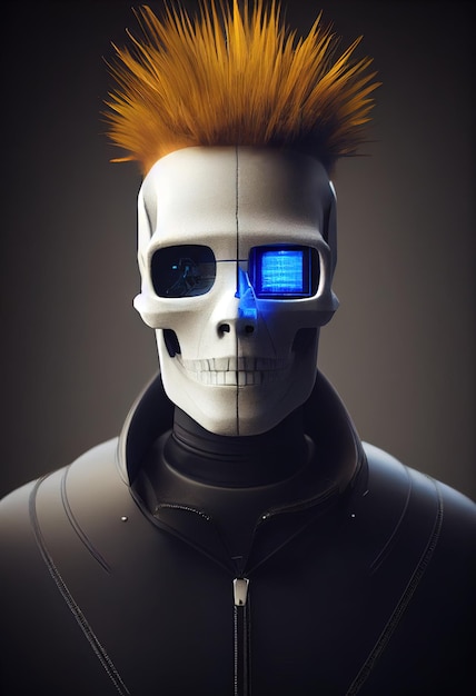 Cyberpunk-Roboter-Hacker-kriminelles Konzept Schädel mit Cyborg-Gesicht mit Mohawk Digitale Illustration