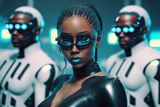 Cyberpunk-Roboter jagen ein schönes schwarzes Frauenmodell mit VR-BRILLEN