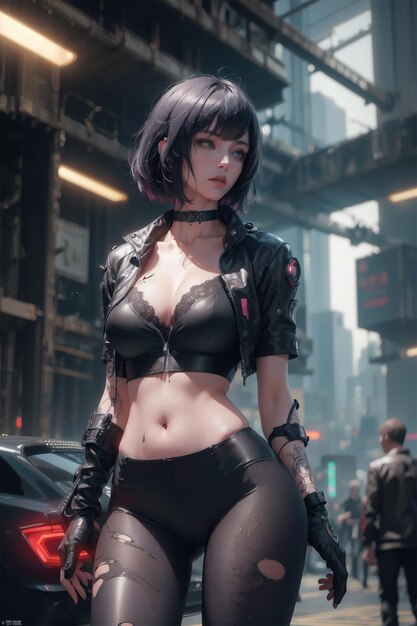 Cyberpunk Samurai Girl en la ciudad de la luz de neón