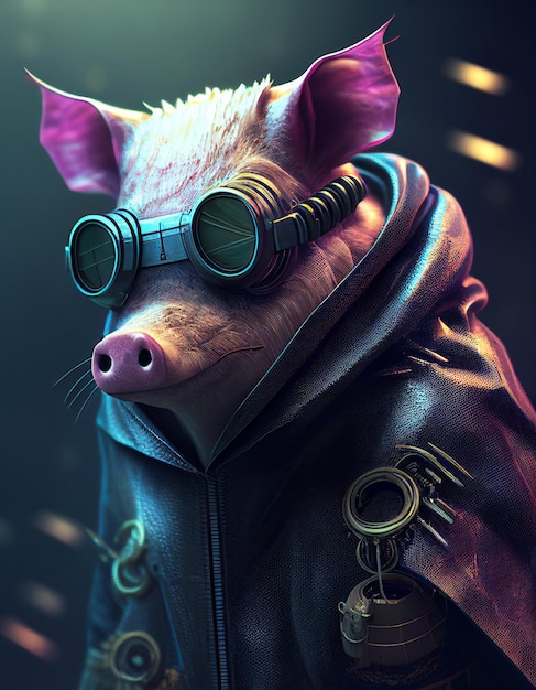 Cyberpunk-Schwein mit Stahlzubehör