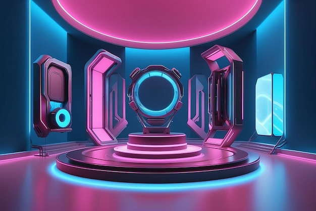 Cyberpunk-Scifi-Produkte auf dem Podium in einem leeren Raum mit blauem und rosa Hintergrund