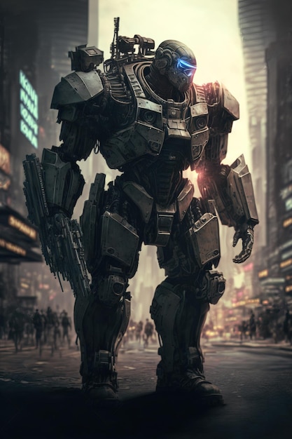 Cyberpunk soldado guerra da cidade ilustração digital de ficção científica guerreiro robô militar patrulhando ruas distópicas rasgadas pela guerra