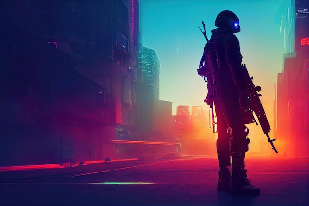 Cyberpunk-Soldat-Neon-Highlights und Neon-Kontur