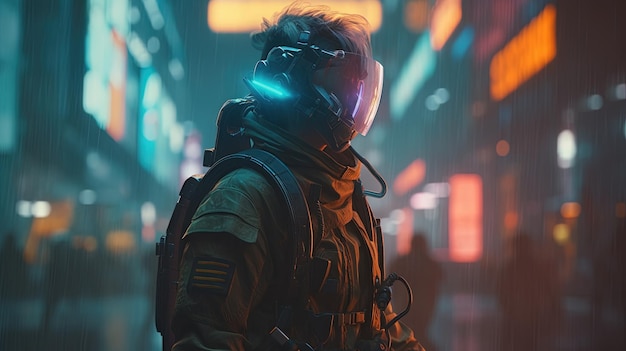 Cyberpunk soldier avanza en la ilustración de arte digital IA generativa