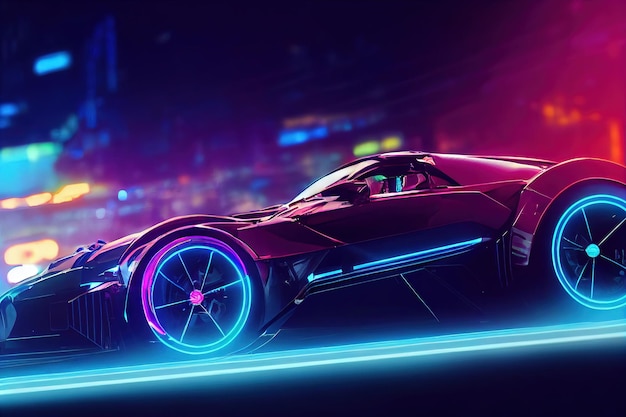 Cyberpunk Sports futuristisches Auto auf Neon-Cyberpunk-Hintergrund 3D-Rendering 3D-Illustration