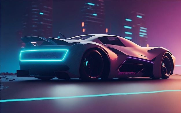 Cyberpunk-Sportwagen im Retrowave-Stil der 80er Jahre mit Neonillustration beleuchtet