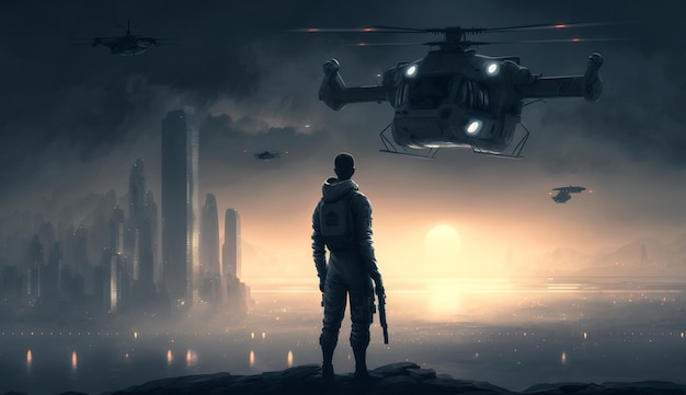 Cyberpunk-Stadt bei Sonnenuntergang bewaffneter Mann betrachtet futuristische Gebäude und generative KI von Flugzeugen