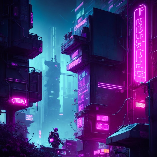 Cyberpunk-Stadt, Neonlichter, Hackerverstecke. Die Cyberrevolution beginnt