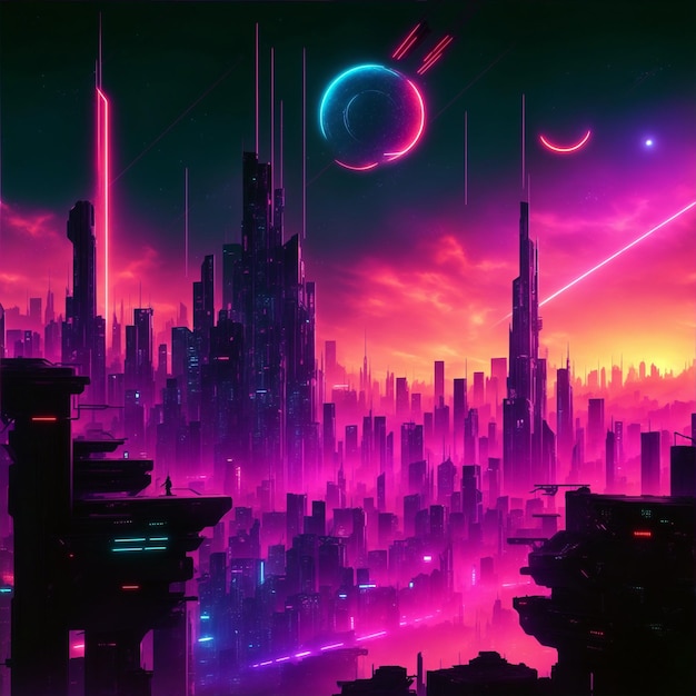 Cyberpunk-Stadtbild mit einer lebendigen und farbenfrohen Skyline