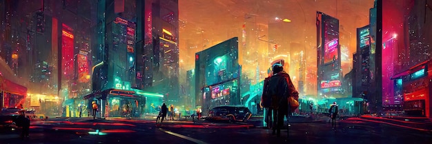 Cyberpunk-Stadtstraße, Nachtansicht, futuristische Stadt, Neonlichter. Nachtstraßenszene, Retro-Zukunft.