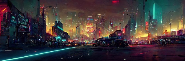 Cyberpunk-Stadtstraße, Nachtansicht, futuristische Stadt, Neonlichter. Nachtstraßenszene, Retro-Zukunft.