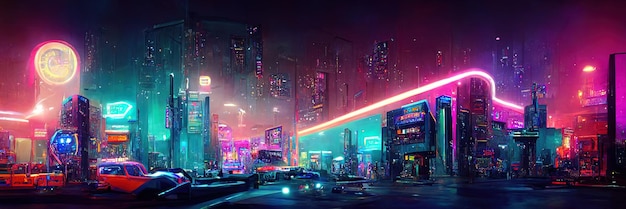 Cyberpunk-Stadtstraße, Nachtansicht, futuristische Stadt, Neonlichter. Nachtstraßenszene, Retro-Zukunft.