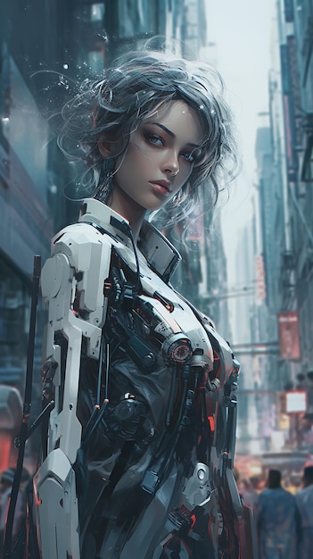 Cyberpunk-Straßen Illustration futuristische Stadtstraße mit einem weiblichen Roboter Generative KI